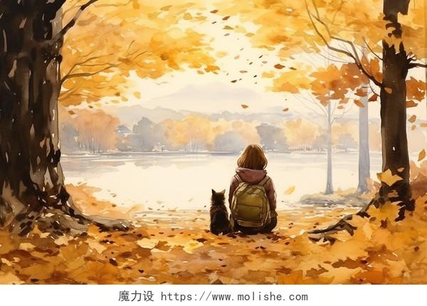 一棵大树下一名背着书包的女子和猫卡通水彩AI插画立秋